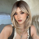 Long Blonde Wavy Wig with Bangs – Dark Roots, Layered Ombre Synthetic Wig for Women