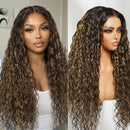 Lace Golden Blonde Balayage Highlights Water Wave Human Hair Wig With Drawstring Glueless Wig Ready To Wear