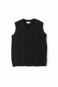 Black cable knit sleeveless sweater on a white background, Obroi
