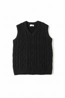 Black cable knit sleeveless sweater on a white background, Obroi