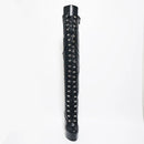 Black knee-high boot with studded details on a white background, featuring 'Obroi Shoes' branding.