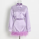 spring Women Dress Feathers Patchwork Long Sleeves Shirt Dresses Black Purple Vintage Sexy Autumn Women