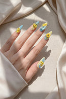 Spring Sunflower Handmade Press On Nails Cream Yellow Light Blue Gradient Long Almond Nails