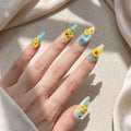 Spring Sunflower Handmade Press On Nails Cream Yellow Light Blue Gradient Long Almond Nails