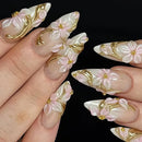 24PCS Pink Almond Press on Nails Full Cover Carved Flower Ripples French Nails for Women with Golden Pearl Wearable Nail