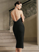 Evening Glamour Black Halter Crystal-Embellished Fringe Backless Midi Dress Gown
