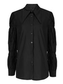 Women Black Pleated Casual Blouse Lapel Long Sleeve Loose Fit Shirt Tide Spring Autumn