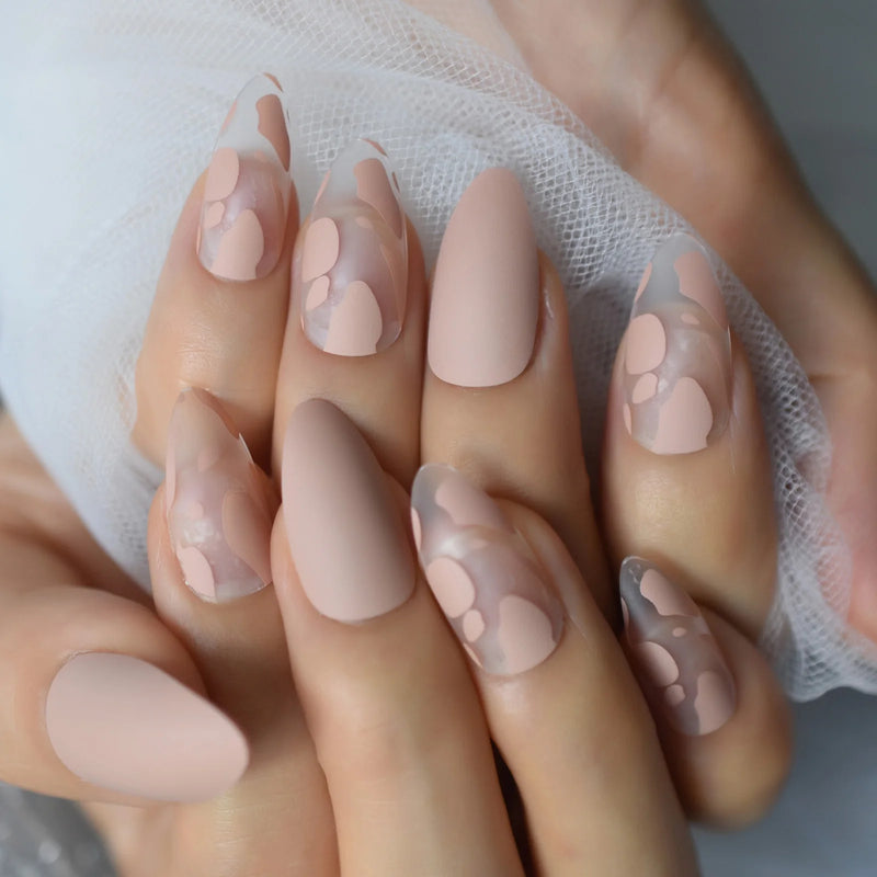 Almond Shape Fake Nails Medium Length Clear Tips False Nails Press On Manicure Ballerina Shade Matte New York Pink Nails Art