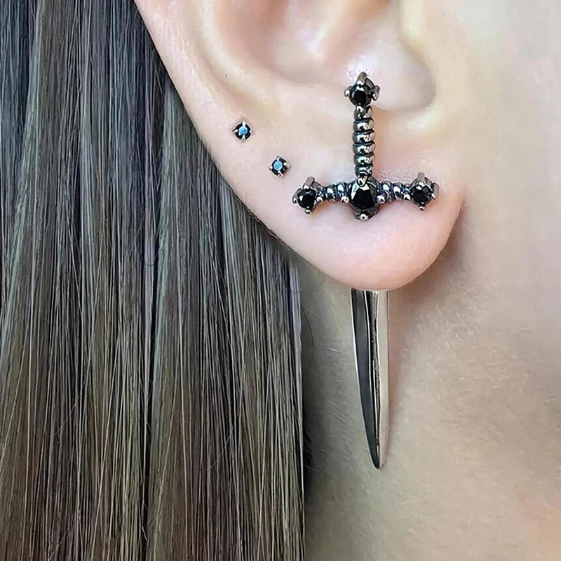 Cross Sword Stud Earrings For Women Classic Crystal Stone Silver Personality Simple Jewelery