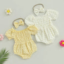Lovely Summer Newborn Baby Girls Rompers Clothes Solid Ruched Off Shoulder Short Sleeve Bodysuits Jumpsuits Headband Outfits