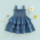 Little Girls Casual Dress Summer Toddler Kids Princess Girls Solid Denim Sleeveless Strap Layered Party Dresses for Child