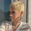 Woman with short blonde hair wearing large hoop earrings outdoors, Obroi