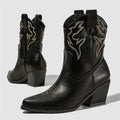 Embroidery Pointed Toe Ankle Boots Women Punk Square Heels Short Western Booties Shoes