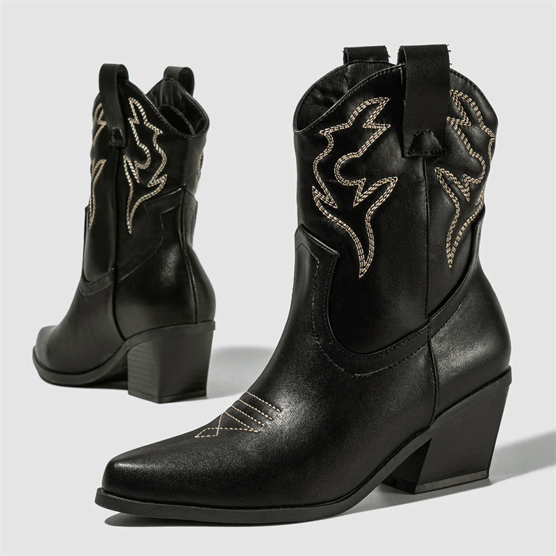 Embroidery Pointed Toe Ankle Boots Women Punk Square Heels Short Western Booties Shoes