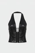 Leather Halter Neck Sling Backless Crop Top Strap Vest