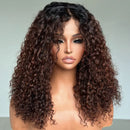 Mannequin head with long, curly brown wig on a plain background, Obroi