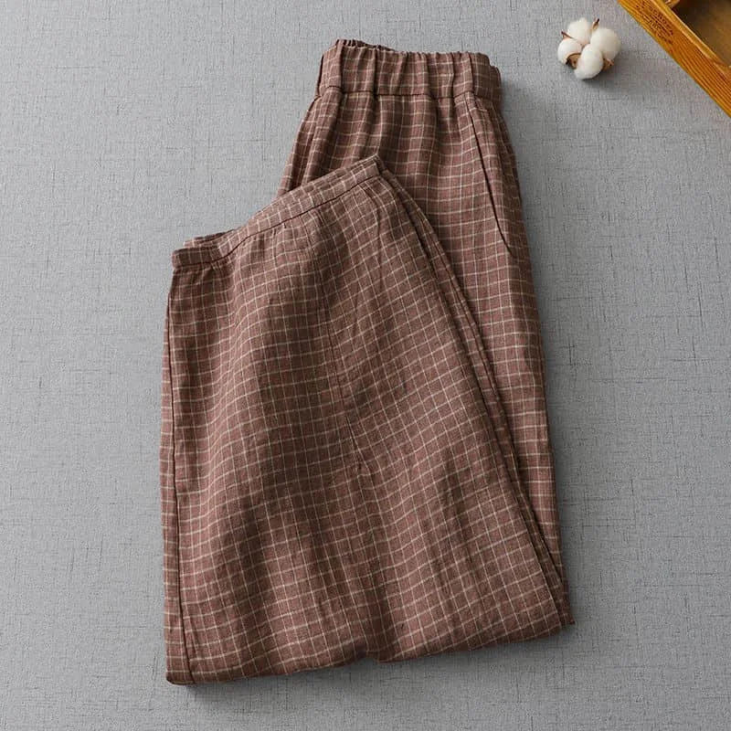Linen Pants Plaid Loose Casual Trousers Women Clothing Bloomers Lantern Baggy Pants
