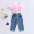Pink tie-dye crop top and blue jeans on a light gray background, Obroi