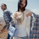 Men's Niche Design Shirt Autumn New High Street Plaid Off Shoulder Gradient Collar Tide Chic Top