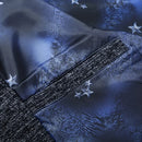 Close-up of a blue fabric with star patterns and a textured band, Obroi