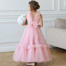 Elegant Girls Big Bow Dresses Fluffy Pink Tulle Birthday Ceremony Prom Girl Clothing Kids Bridemaid Wedding V-Neck Dress