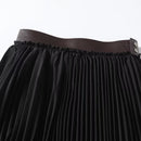 Women Leather Patchwork High Waist Pleated Skirt Lady Elegant Midi Skirts