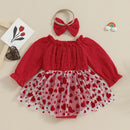 Spring Valentine's Day Infant Baby Girls Bodysuit Long Sleeve Heart Dress Headband Red Clothes