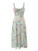 Women Summer Sweet Floral Cute Square Collar Sleeveless Midi Dress Slim Backless Chic Split Tank Dresses