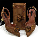 Elegant Rhinestone-Embellished Brown Heeled Shoes and Handbag Set for Women with Floral Decoration