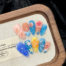 Press On Nails Summer Ocean Handmade Almond Pink Blue Fake Nails Decor Reusable False Nails