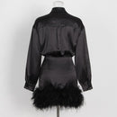spring Women Dress Feathers Patchwork Long Sleeves Shirt Dresses Black Purple Vintage Sexy Autumn Women