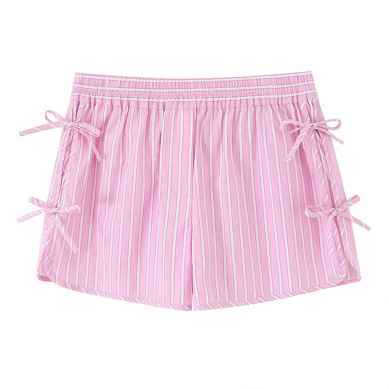 Women Striped Pleated Lace Up Mini Shorts Female Chic Lady Shorts