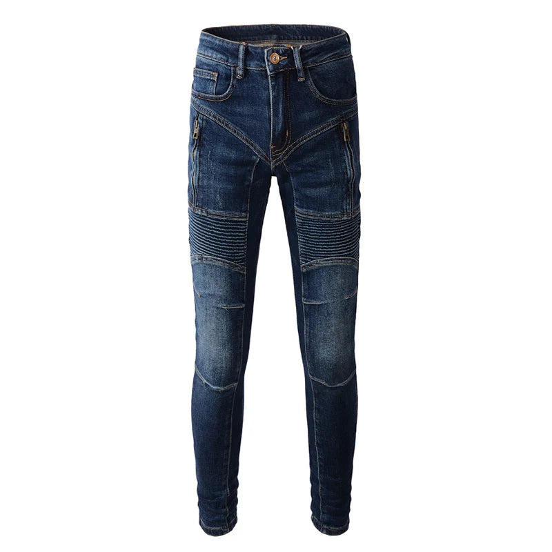 Men Jeans Spliced Designer Elastic Slim Fit Biker Jeans Men Retro Blue Zipper Patched Hip Hop Denim Pants