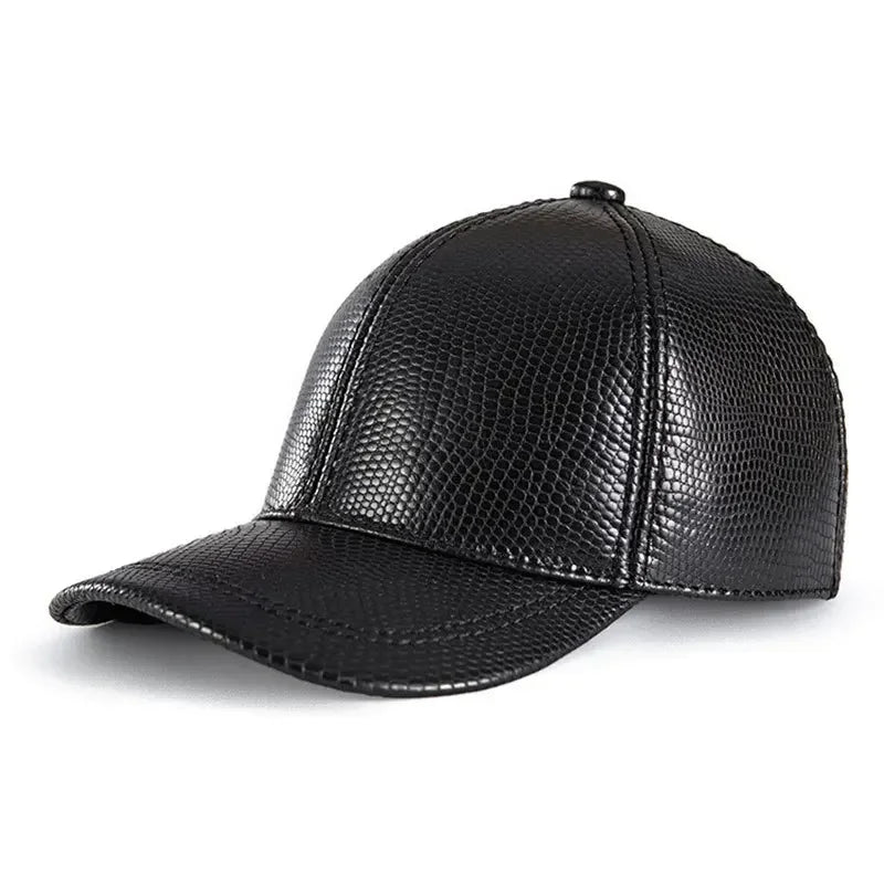 Black textured leather baseball cap on a white background, Obroi