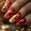 24pcs Red Coffin False Nails Art Press on Mid-length Ballet Nails Flower Full Cover Nail Tips Datachable Fashion Fake Nail Sets