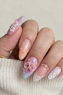 24Pcs Press on Nails Pink Gradient Sets Tips Almond Flower Stick on False Nail with Pearl Decor Reusable Nail