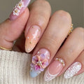 24Pcs Press on Nails Pink Gradient Sets Tips Almond Flower Stick on False Nail with Pearl Decor Reusable Nail