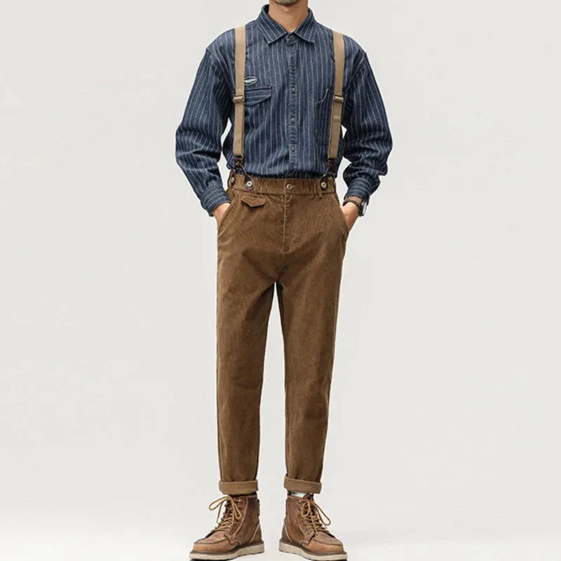 Retro Men Pants Loose Casual Corduroy Straight Autumn Male Solid Color Straps Jumpsuits
