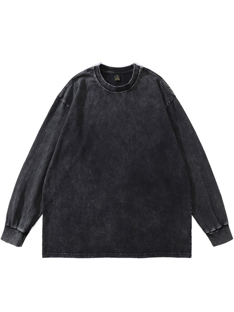 Long Sleeve T-Shirt Streetwear Men Solid Plain Casual Cotton Wash Distressed Tee Shirts Loose Tshirt Tops
