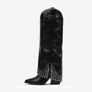 Black knee-high boot with studded details on a white background, Obroi