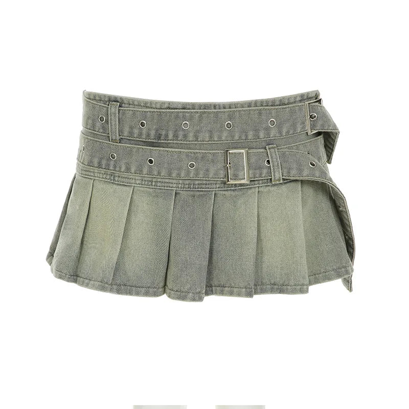Obroi Green denim skirt with belt on a white background