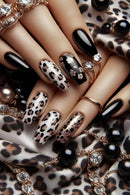 Medium long nails for women girls black brown leopard strips flowers frnech ballet tips press on false nail art set