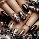 Medium long nails for women girls black brown leopard strips flowers frnech ballet tips press on false nail art set