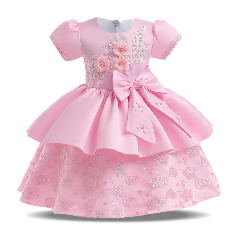 Elegant Girl Flower Dress Kids Big Bow Birthday Party Clothes Children Formal Christmas Costume Pink Princess