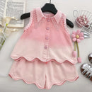 Girls Baby Summer Clothes Pink Denim 2pieces Sets Lace Tassel Tops Shirts shorts elegant Kids Children Princess Clothing