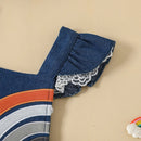 Newborn Girl Bodysuit Outfit Embroidery Rainbow Fly Sleeve Romper with Bowknot Hairband