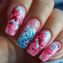 Nails with pink and blue design on a blurred background, Obroi