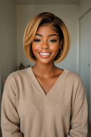 A smiling woman with a short, layered bob wig in dark brown with warm blonde highlights, wearing a beige top and gold hoop earrings against a soft indoor background, Obroi