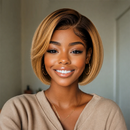 A smiling woman with a short, layered bob wig in dark brown with warm blonde highlights, wearing a beige top and gold hoop earrings against a soft indoor background, Obroi