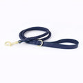 Navy blue braided dog leash with gold clasp on a white background, Obroi